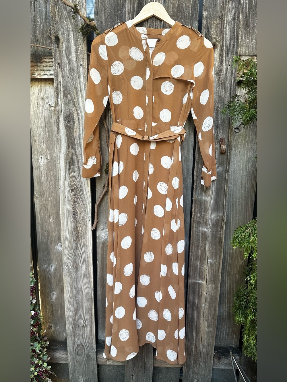 Banana Republic Tan Maxi Dress with White Polka Dots